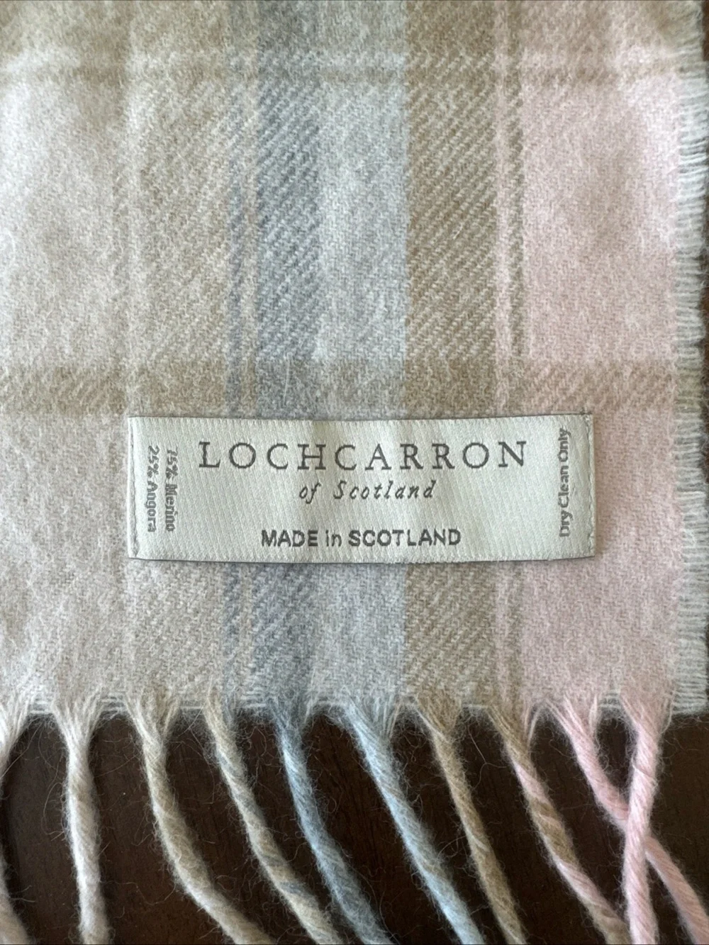 Lochcarron of Scotland Pink Plaid Wool Scarf Merino and Angora Blend 72 x 11.5